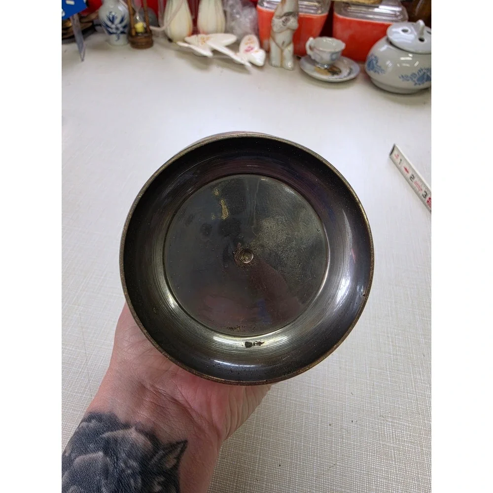 Vintage Art Deco Mixed Metal Vase Copper Brass Inlay Geometric Patinated 6.25in